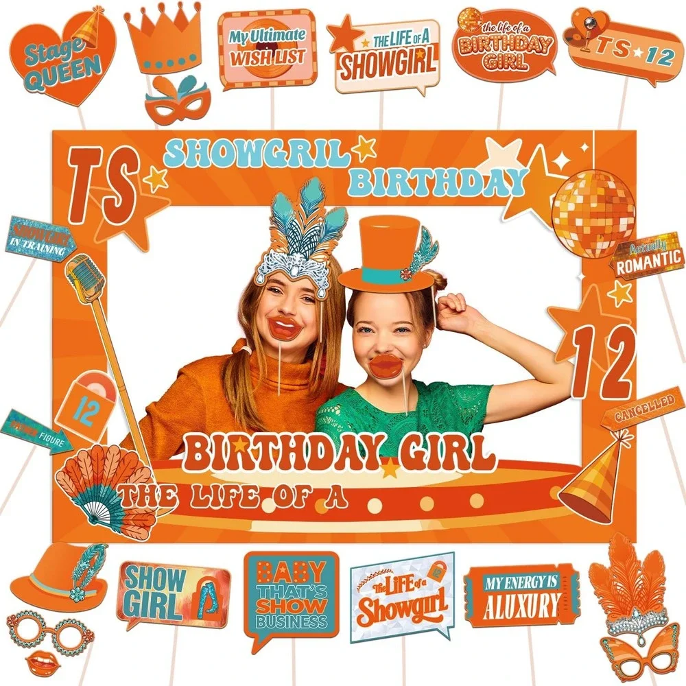 NWT 25pc Birthday Girl Showgirl Photo Booth Props Set Orange Music Party w Frame